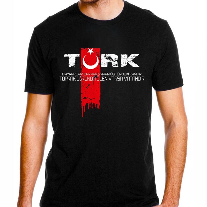 Türk Bayrak Baskılı Tişört Siyah