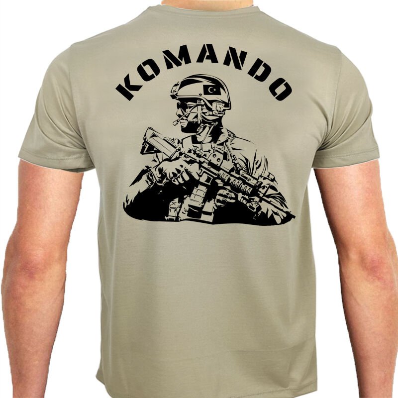 Komando Asker Baskılı Tişört Kum