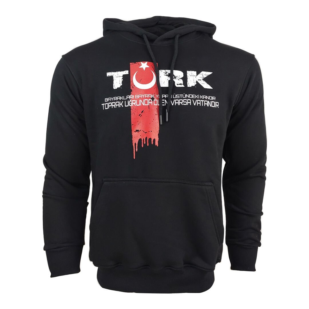 Türk Baskılı Kapşonlu Siyah