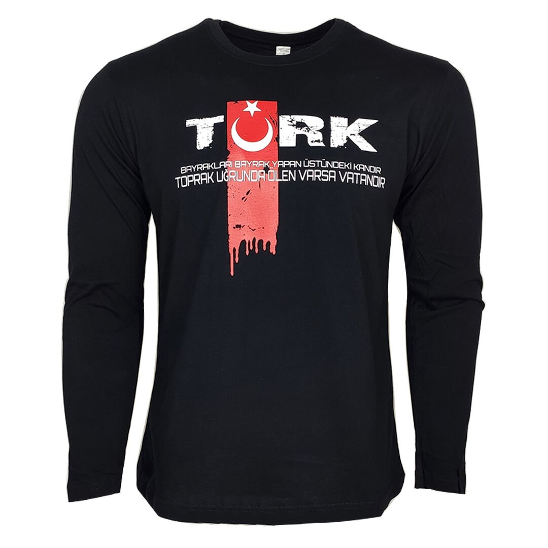 Türk Bayrak Baskılı Uzun Kol Tişört Siyah