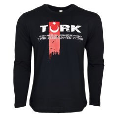 Türk Bayrak Baskılı Uzun Kol Tişört Siyah