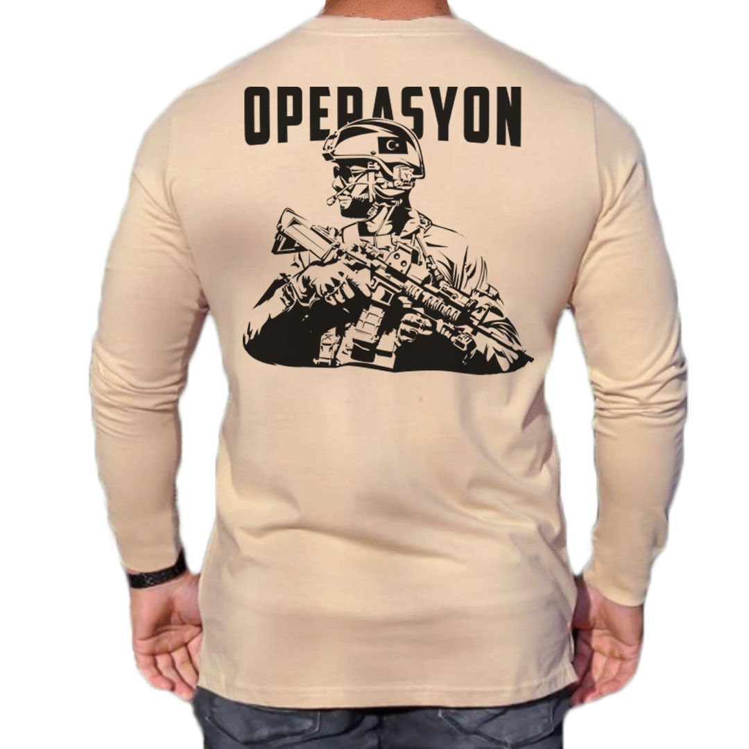 Operasyon Asker Baskılı Uzun Kollu Tişört Kum