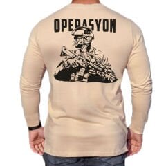 Operasyon Asker Baskılı Uzun Kollu Tişört Kum