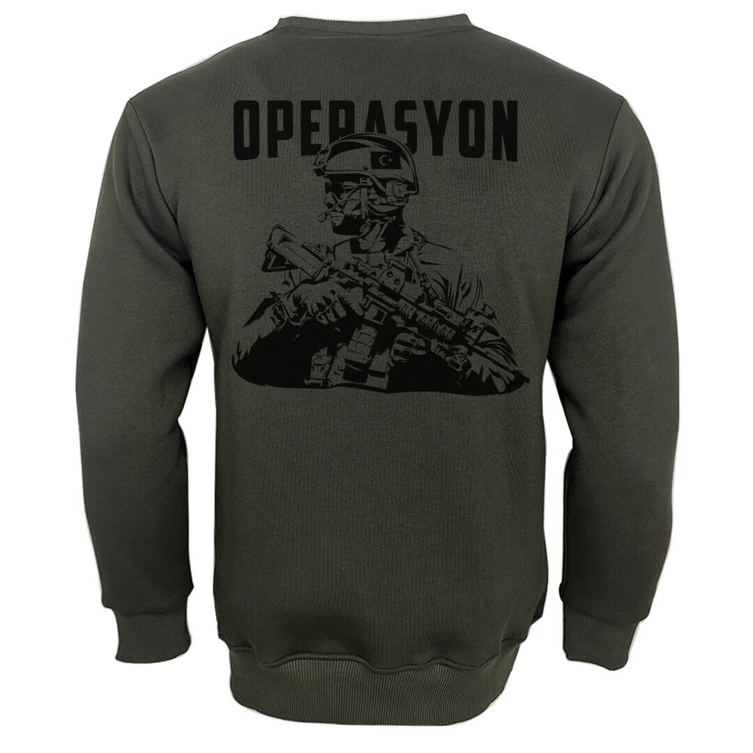 Operasyon Baskılı Sweetshirt Haki
