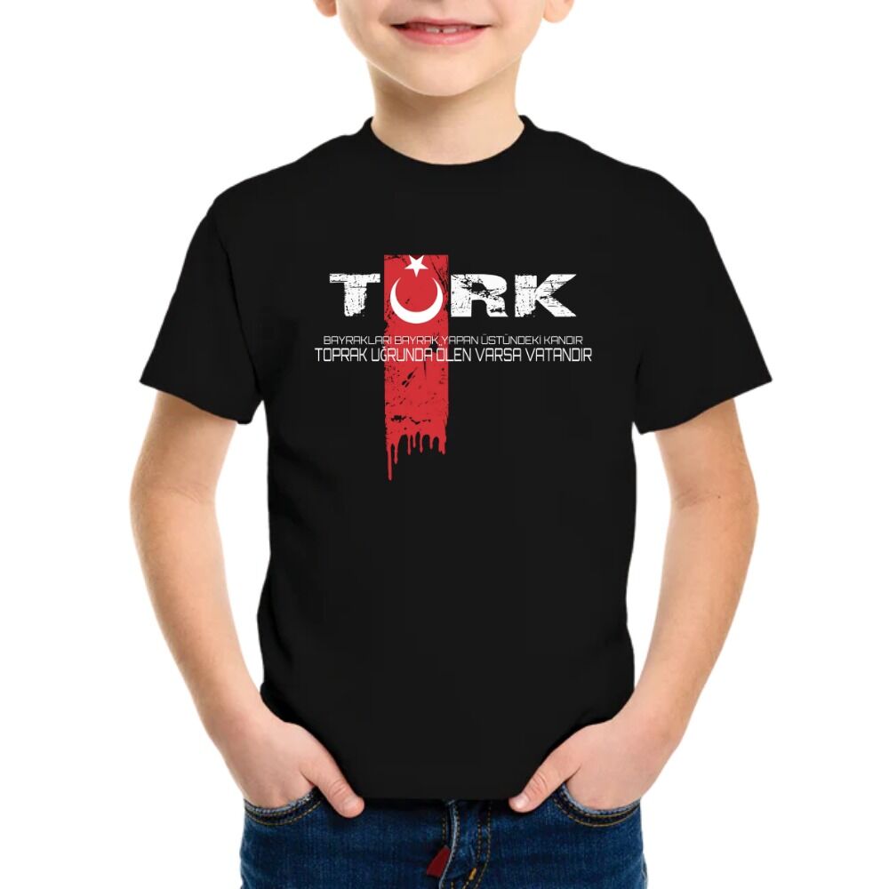 Türk Bayrak Baskılı Çocuk Tişört