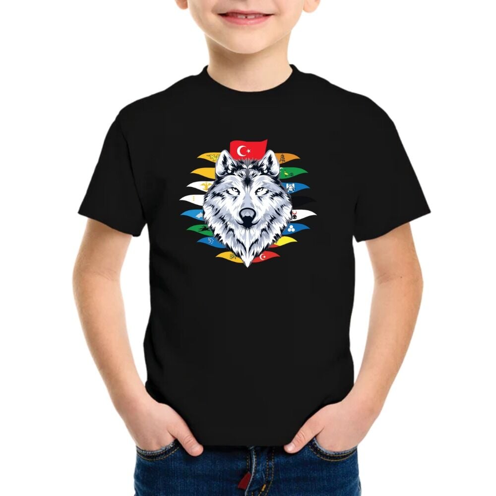 Kurt Türk Devlet Bayrakları Baskılı Çocuk Tişört